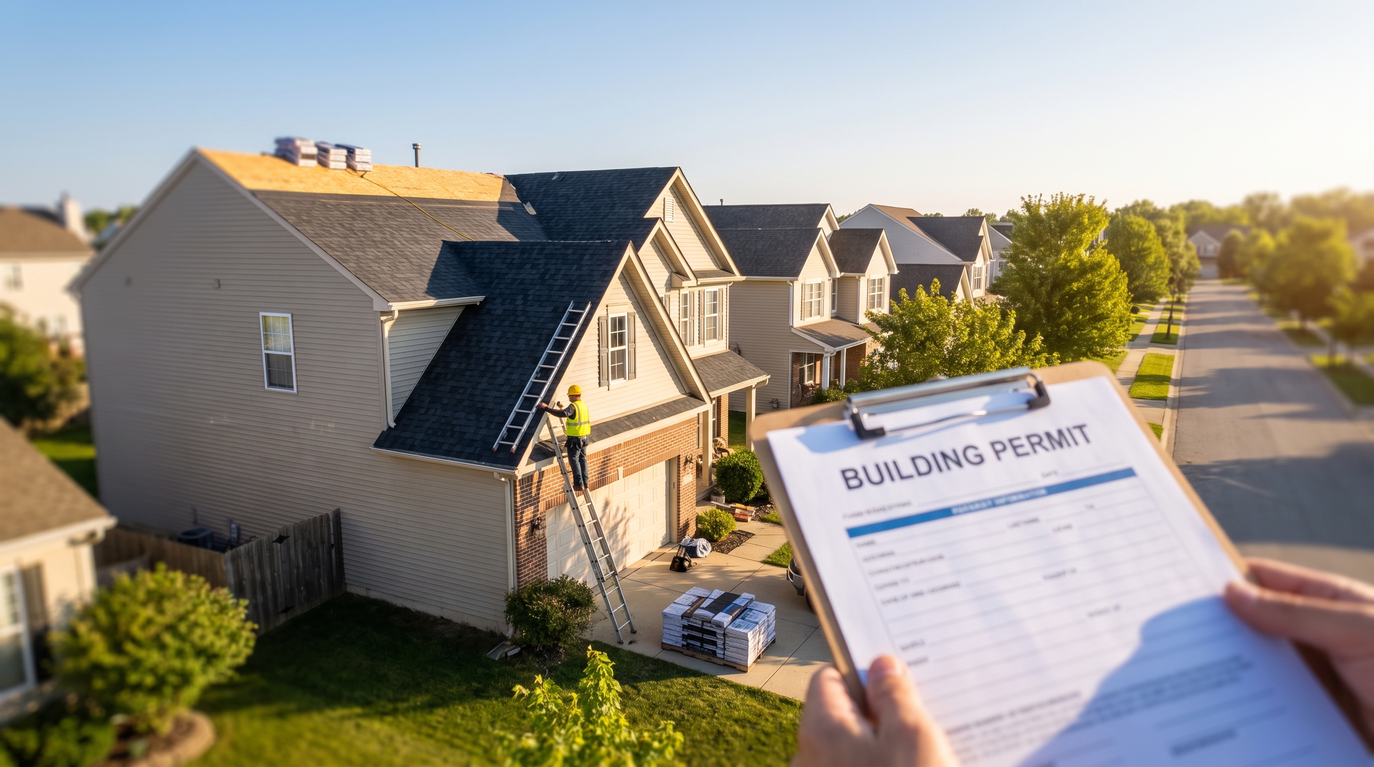 Contractor installing a new roof with permit documentation